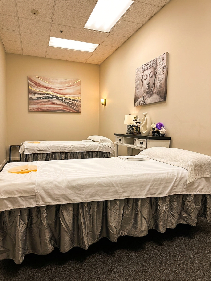 Couples wellness room with two side-by-side treatment beds